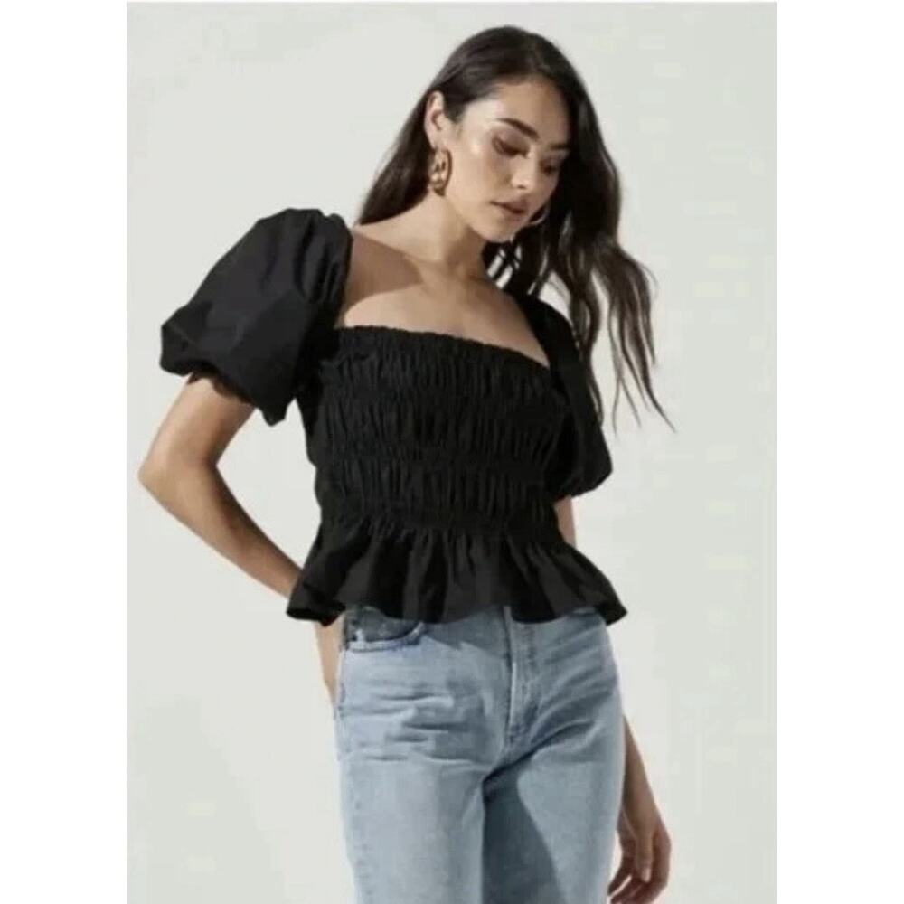 Astr The Label Savina Top Black Smocked Bubble Puff Sleeves Peplum Coquette Sz S